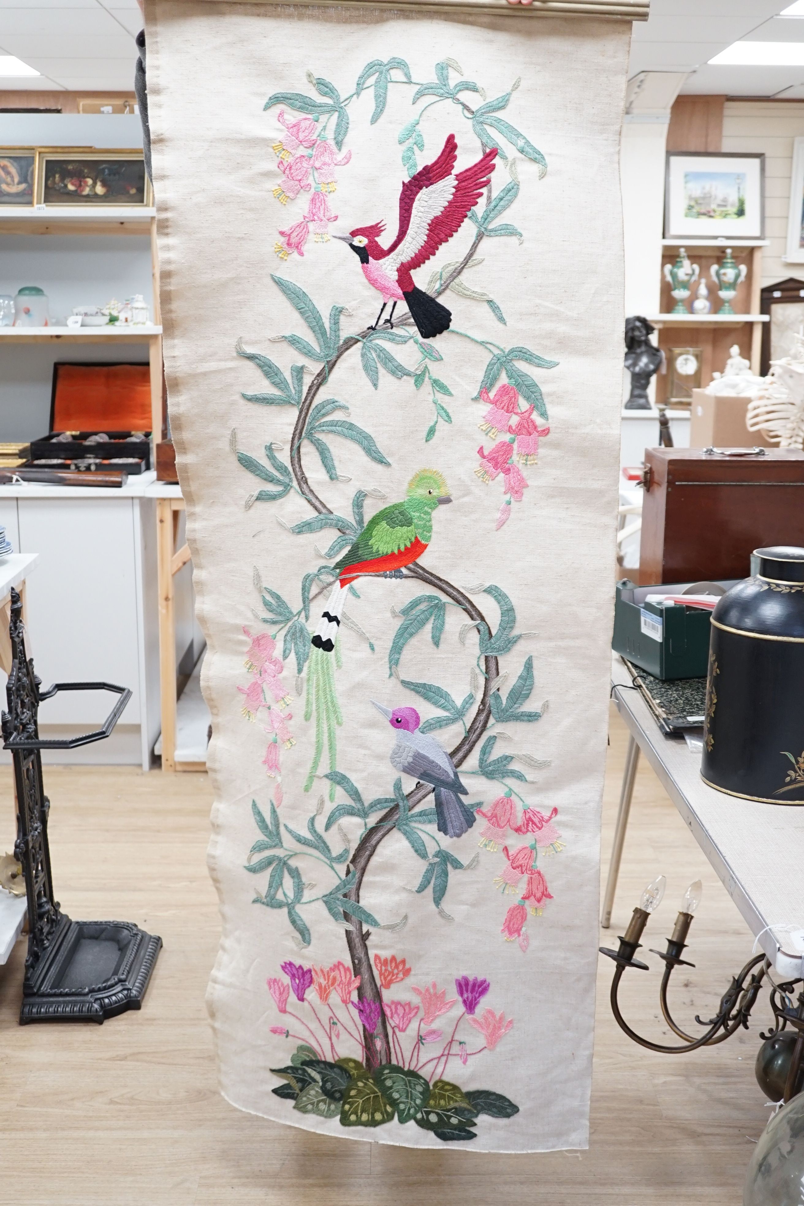 A contemporary wool work and silk embroidered, 'Tree of Life' panel, 170 cms high.